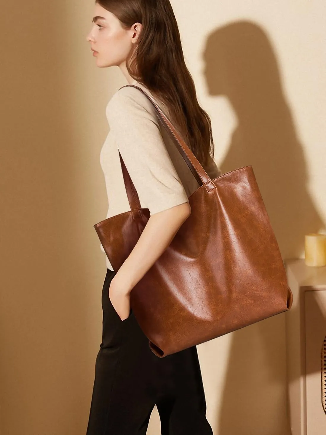 Large Soft Tote Bag for Women Genuine Leather Hobo Handbag with Zipper for Work Travel or Shopping