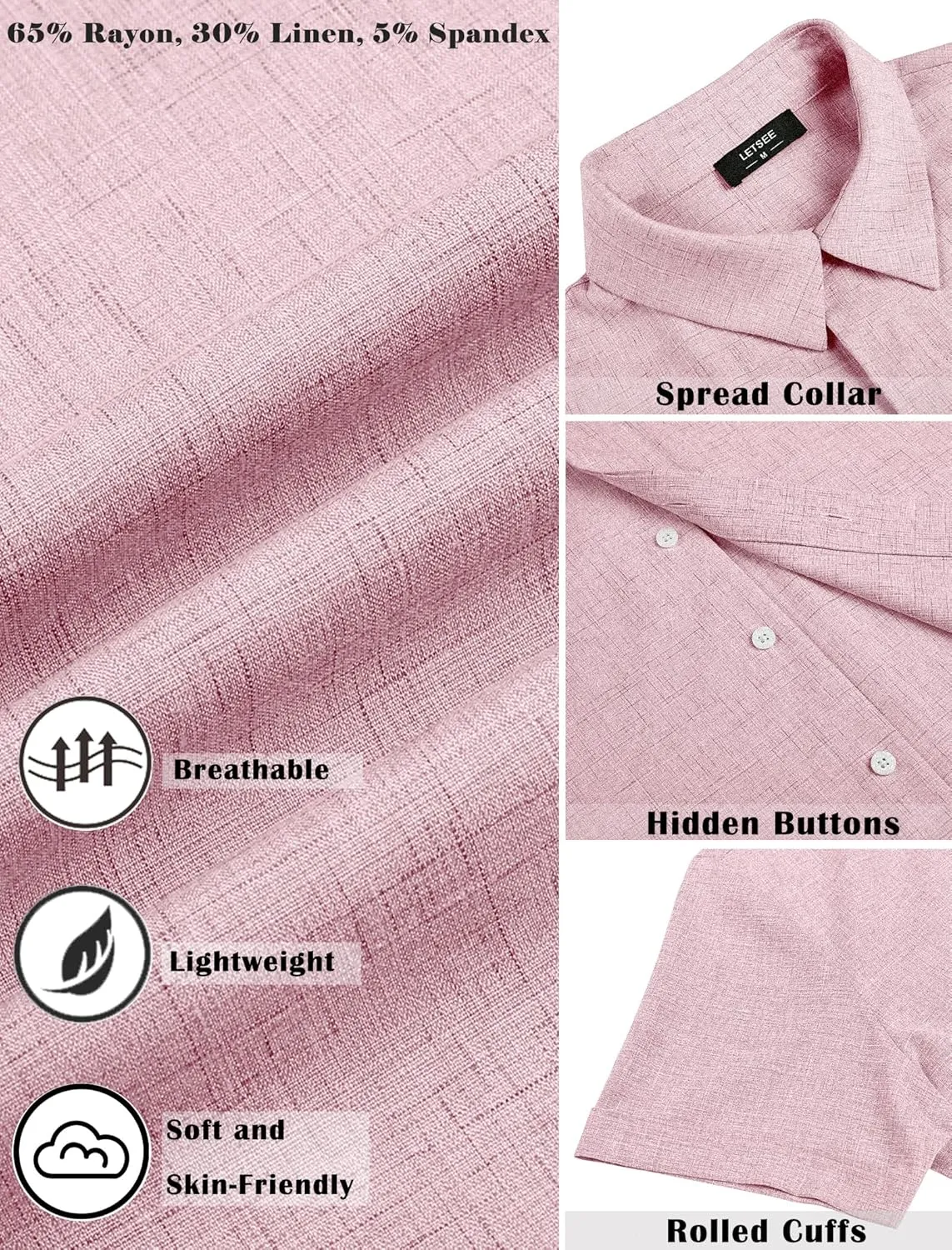 LETSEE Men's Linen Shirts Short Sleeve Button Down Casual Dress Shirts for Men Beach Vacation Shirt Fashion Summer Clothes