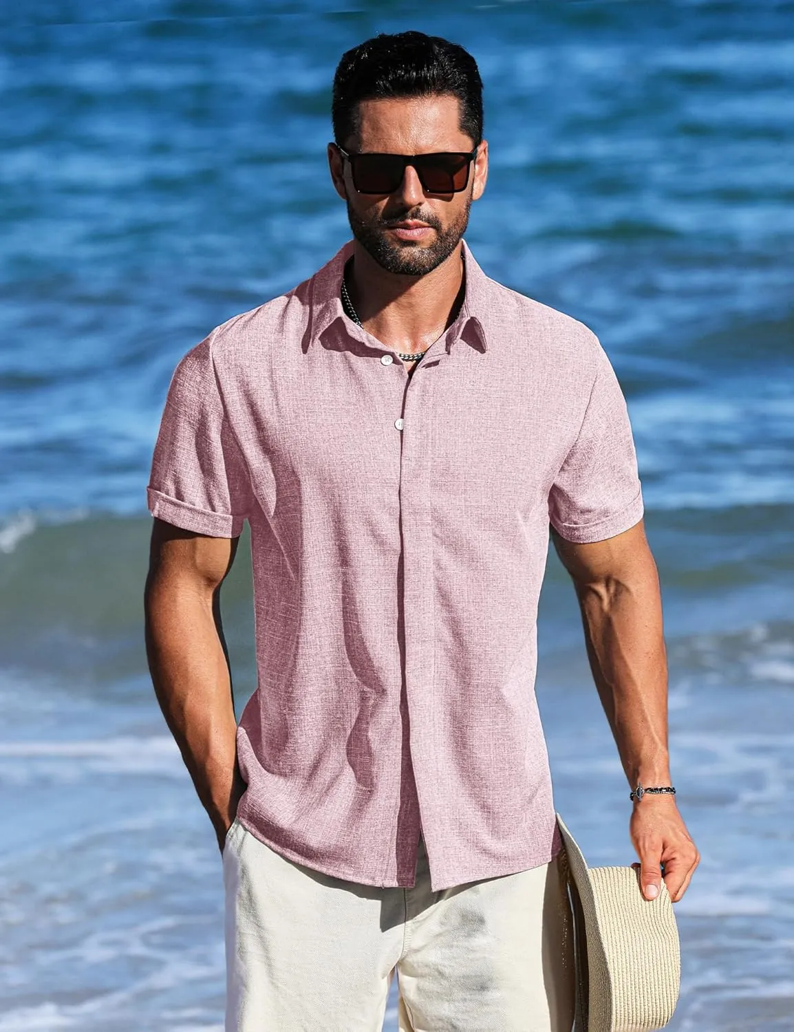 LETSEE Men's Linen Shirts Short Sleeve Button Down Casual Dress Shirts for Men Beach Vacation Shirt Fashion Summer Clothes