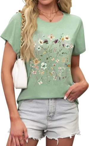 LETSEE Womens Graphic T Shirts Boho Wildflower Shirts Vintage Floral Printed Tees Short Sleeve Trendy Tops for 2025