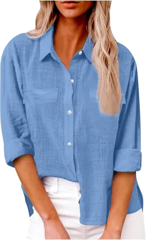 linen Crop Tops for Women Linen Shirts for Women with Pockets Long Sleeve High Low Oversized Blouse Tops for Women