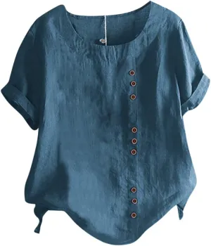 Linen Outfits Women Summer Solid Color Shirt Long Sleeve Down Shirt Loose Fit Vacation Beach Workwear Tops V Neck