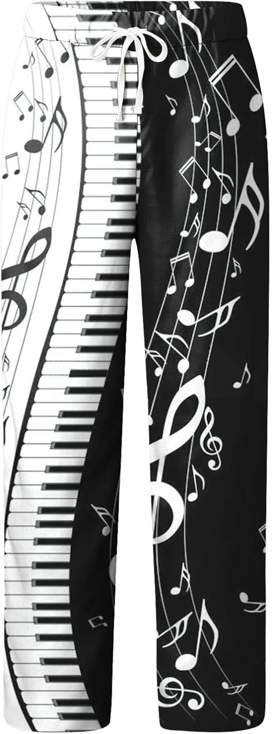 Linen Pants Men Slim Fit Classic Musical Note Print Chino Pants Casual Lightweight Straight Leg Summer Beach Trousers