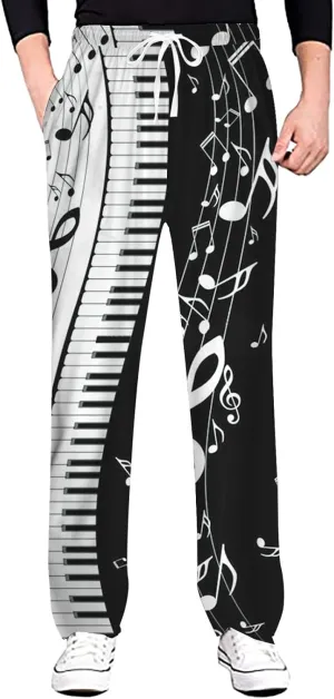Linen Pants Men Slim Fit Classic Musical Note Print Chino Pants Casual Lightweight Straight Leg Summer Beach Trousers