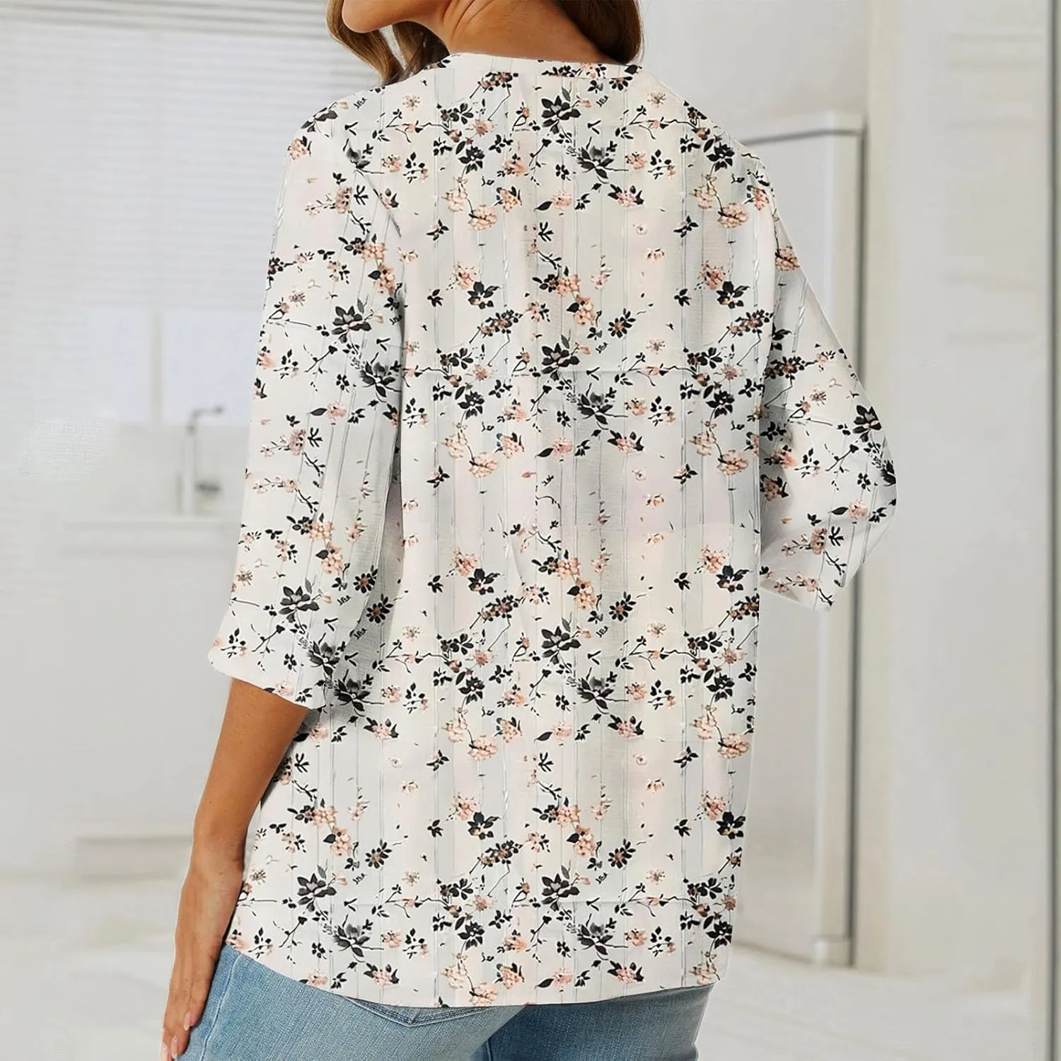 Linen Shirts for Women Boho Floral Shirt Button V Neck T Shirts Summer Vacation 3/4 Sleeve Tops Trendy Fashion Tops