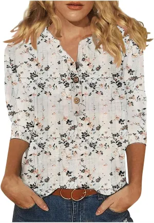 Linen Shirts for Women Boho Floral Shirt Button V Neck T Shirts Summer Vacation 3/4 Sleeve Tops Trendy Fashion Tops