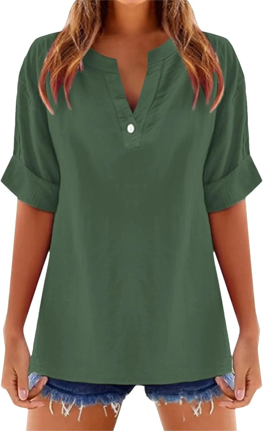 Linen Shirts for Women Short Sleeve Solid Dressy Casual Blouses Collared V Neck Loose Cotton Tshirts Summer Tops 2025