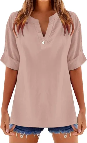 Linen Shirts for Women Short Sleeve Solid Dressy Casual Blouses Collared V Neck Loose Cotton Tshirts Summer Tops 2025