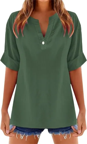 Linen Shirts for Women Short Sleeve Solid Dressy Casual Blouses Collared V Neck Loose Cotton Tshirts Summer Tops 2025