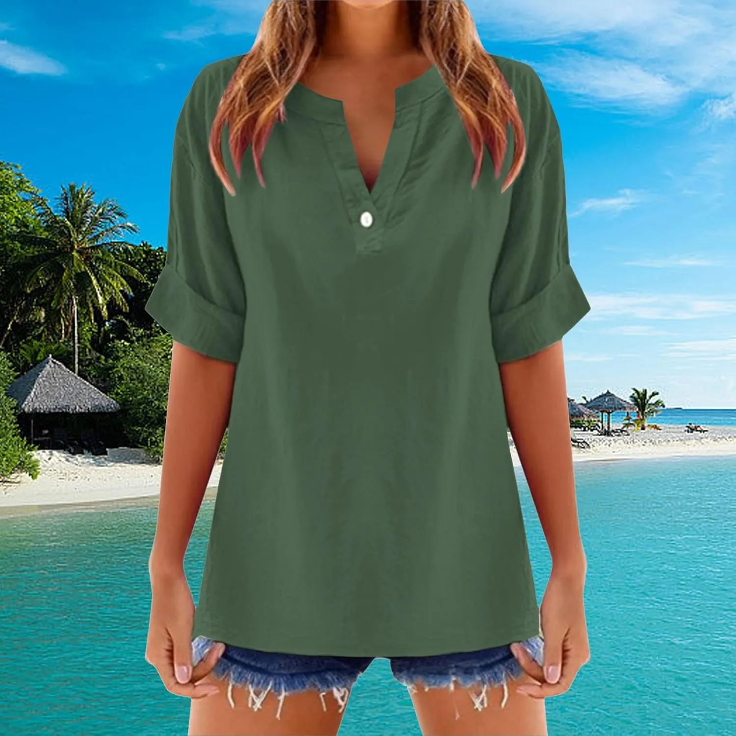 Linen Shirts for Women Short Sleeve Solid Dressy Casual Blouses Collared V Neck Loose Cotton Tshirts Summer Tops 2025