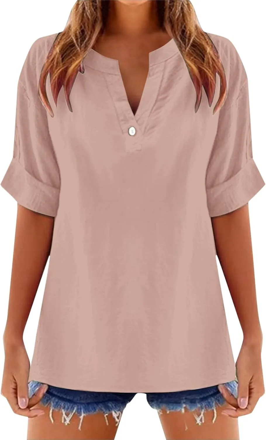 Linen Shirts for Women Short Sleeve Solid Dressy Casual Blouses Collared V Neck Loose Cotton Tshirts Summer Tops 2025
