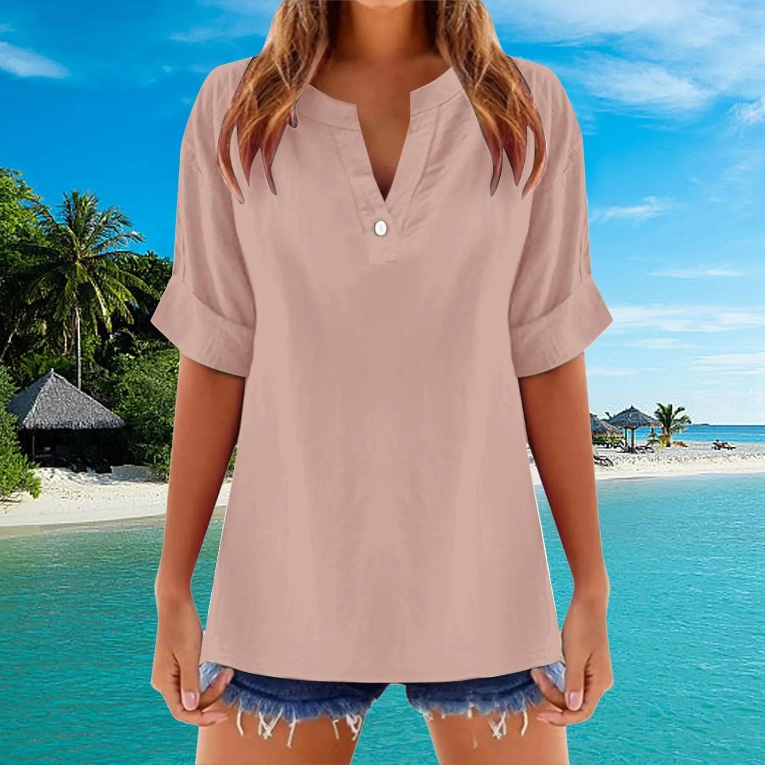 Linen Shirts for Women Short Sleeve Solid Dressy Casual Blouses Collared V Neck Loose Cotton Tshirts Summer Tops 2025