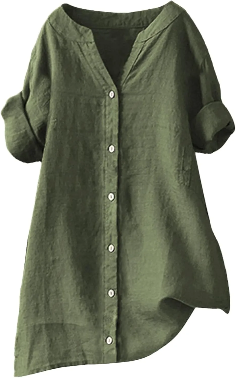 Linen Shirts for Women Womens Tops 3/4 Sleeve Button Down Shirts V Neck Solid Casual Tunic Blouses with Pocket