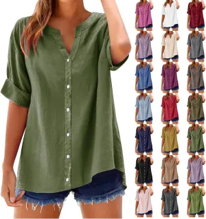 Linen Shirts for Women Womens Tops 3/4 Sleeve Button Down Shirts V Neck Solid Casual Tunic Blouses with Pocket