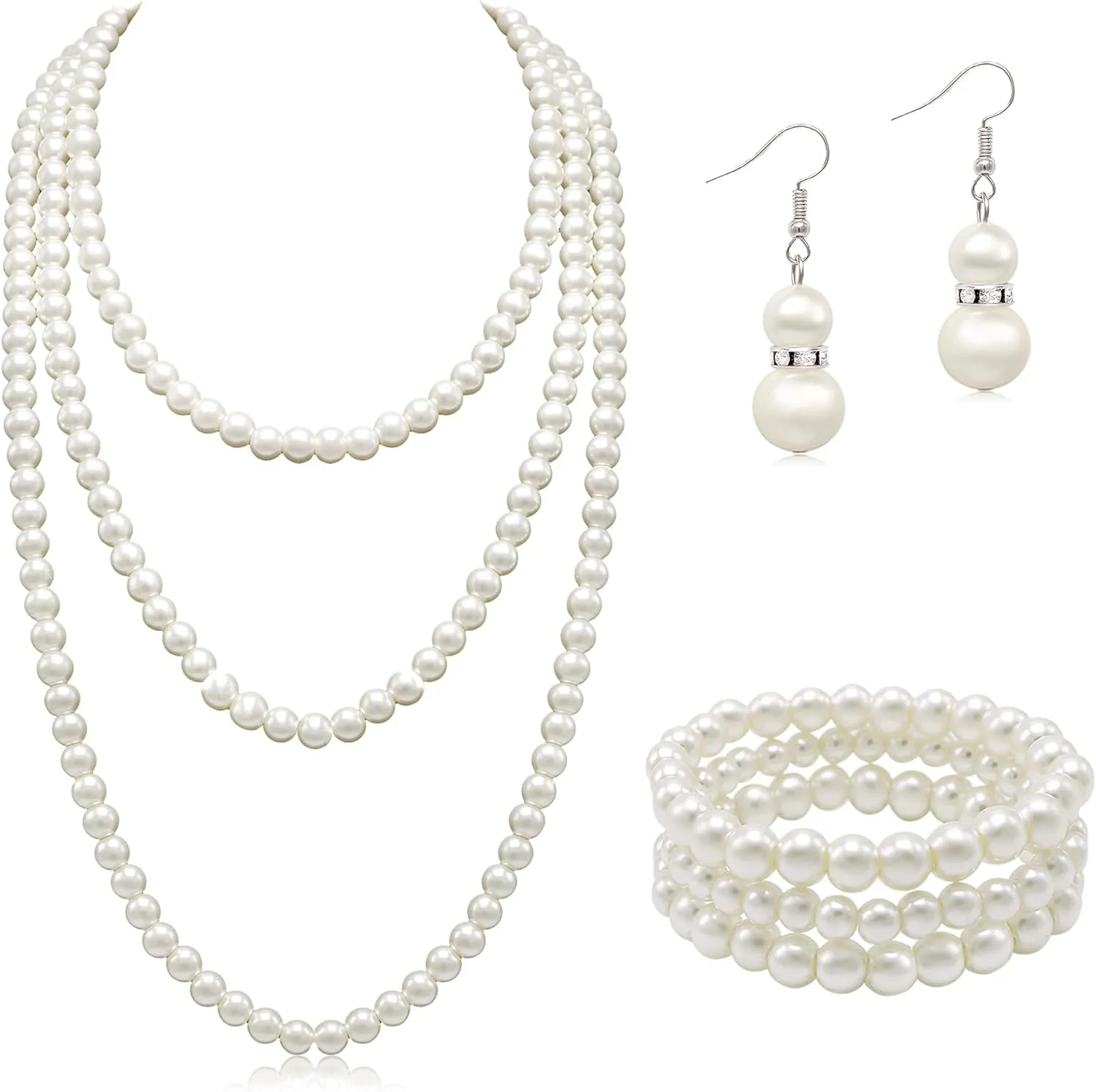 Long Pearl Necklaces for Women Cream White Faux Pearl Strand Layered Necklace Costume Jewelry
