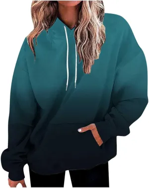 Long Sleeve Blouses for Women Fashion Drawstring Gradient Color Hooded Sweatshirts Causal Oversized Shirts Pullover