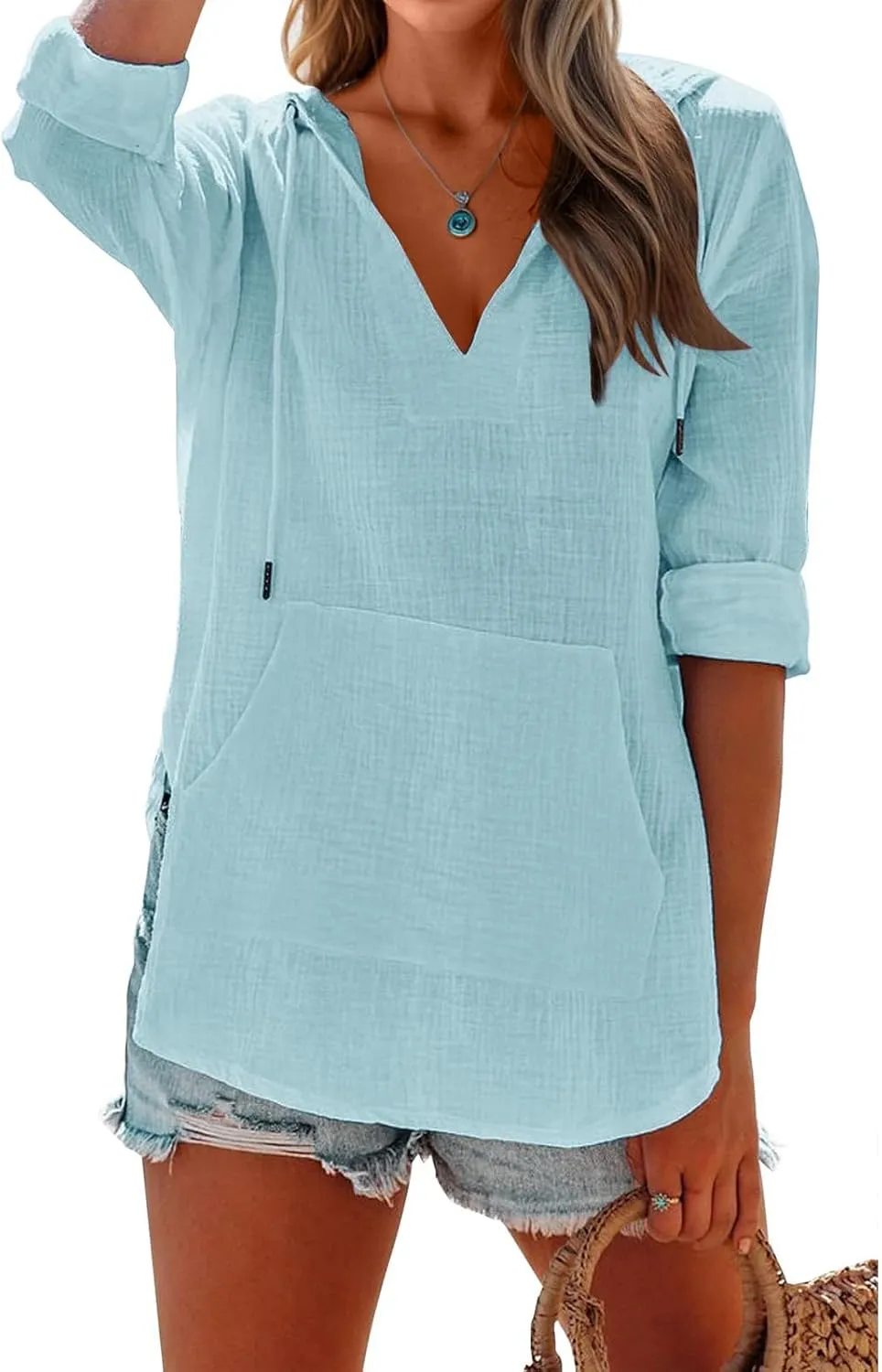 Long Sleeve Shirts for Women Casual V Neck Linen T Shirts Lightweight Pullover Tops Hoodie Sweatshirts Beach Cover Up