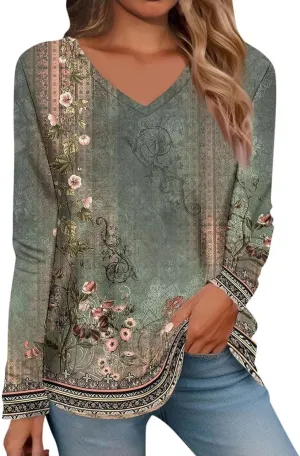 Long Sleeve Shirts for Women Cotton Blouses Dressy Casual Fall 2025 V Neck Spring Tops Floral Print Tees Clothing