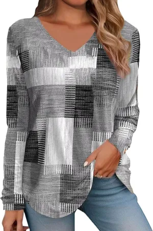Long Sleeve Shirts for Women Cotton Blouses Dressy Casual Fall 2025 V Neck Spring Tops Floral Print Tees Clothing
