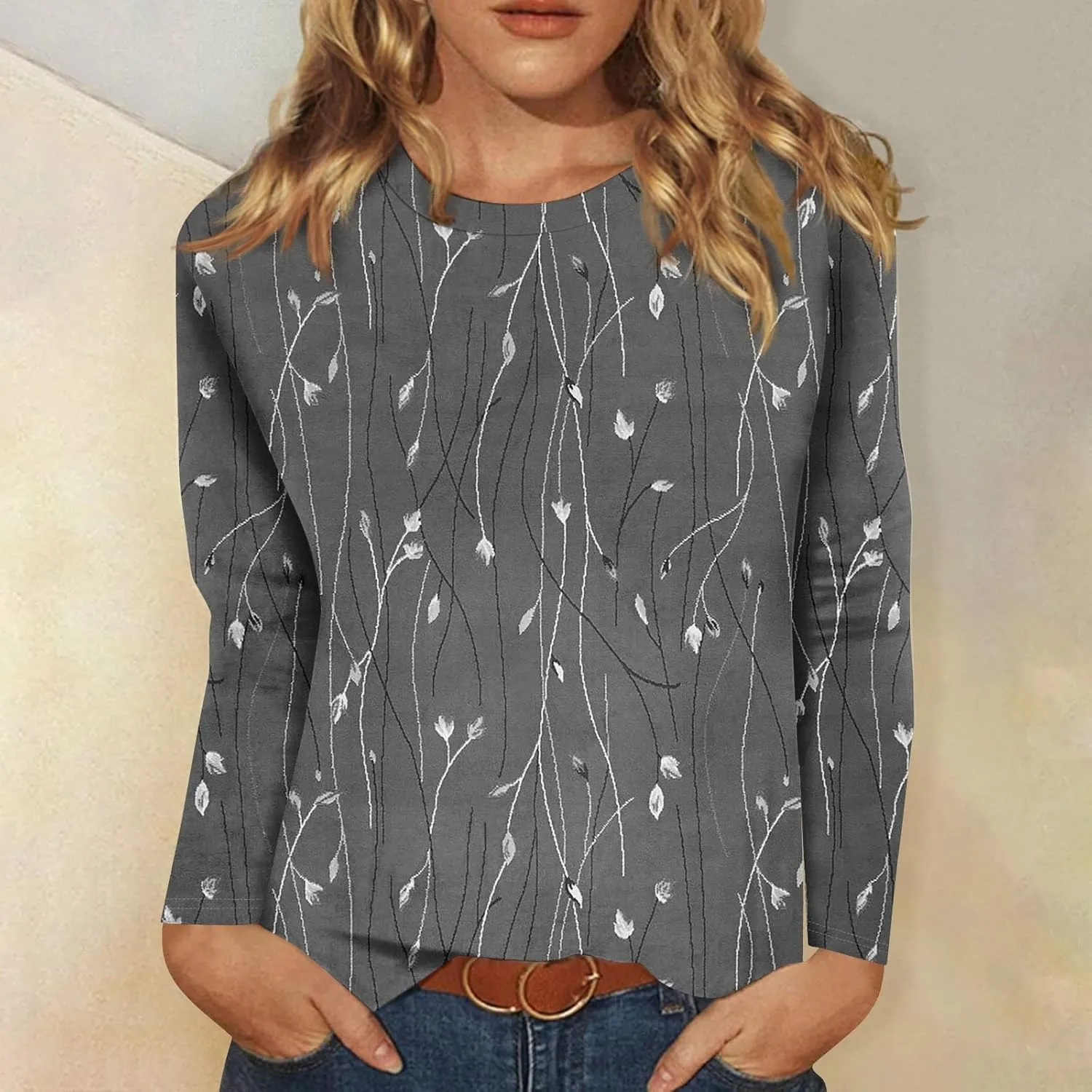 Long Sleeve Tops for Women Crewneck Cute Shirts Casual Trendy Floral Print T-Shirts 2024 Blouses