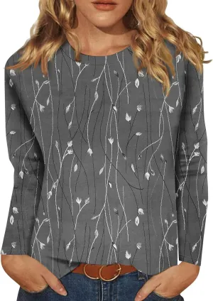 Long Sleeve Tops for Women Crewneck Cute Shirts Casual Trendy Floral Print T-Shirts 2024 Blouses