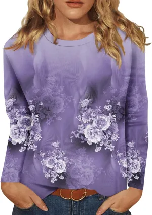 Long Sleeve Womens Tops 2024 Vintage Print Casual Loose with Round Neck Plus Size Shirts