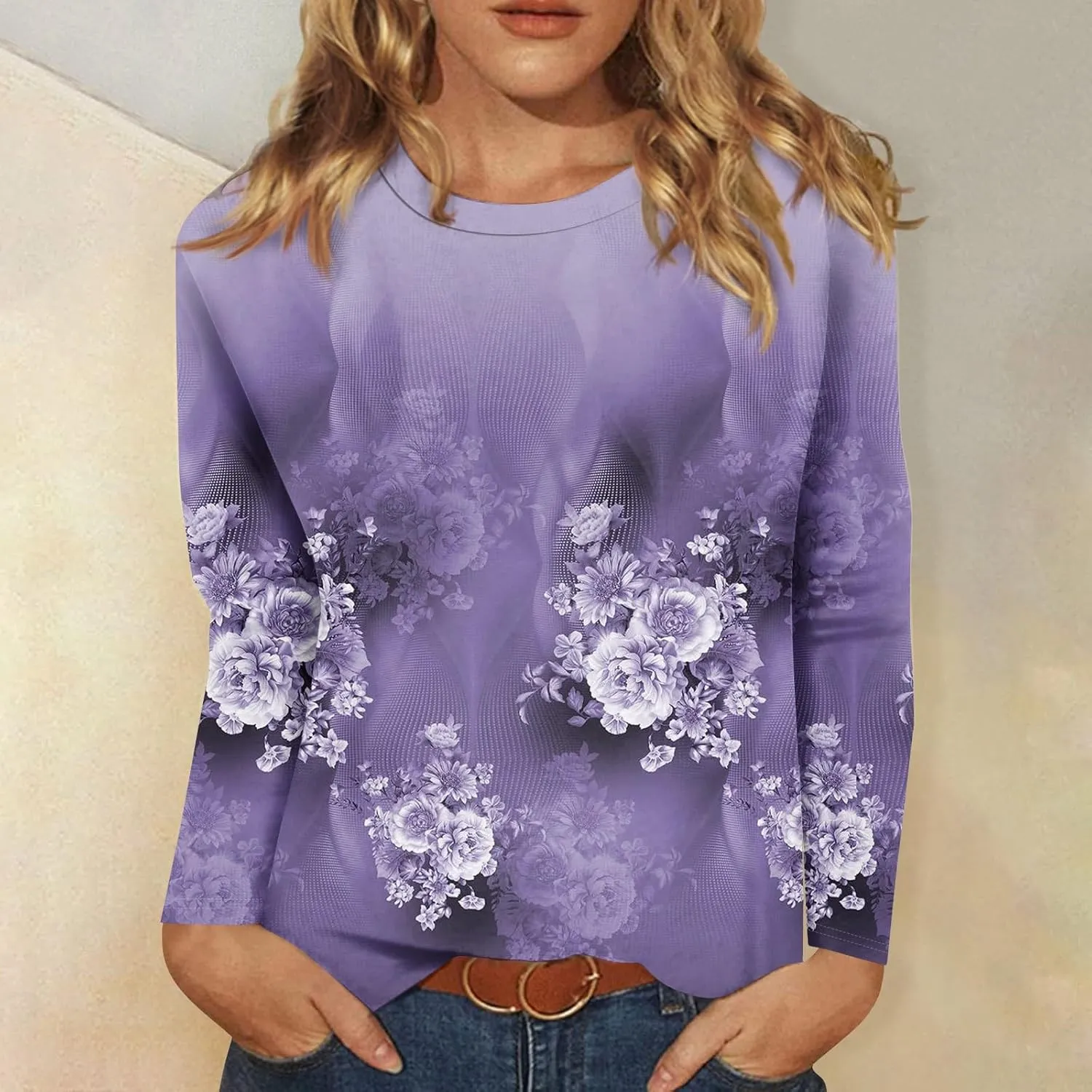 Long Sleeve Womens Tops 2024 Vintage Print Casual Loose with Round Neck Plus Size Shirts