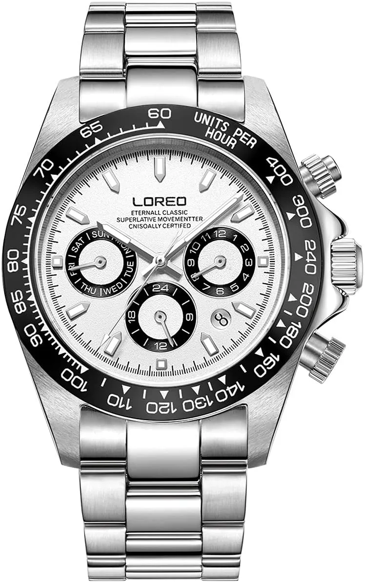 LOREO Mens Automatic Watch Silver Stainless Steel Sapphire Glass Ceramic Bezel Date Military Diving Waterproof Watch