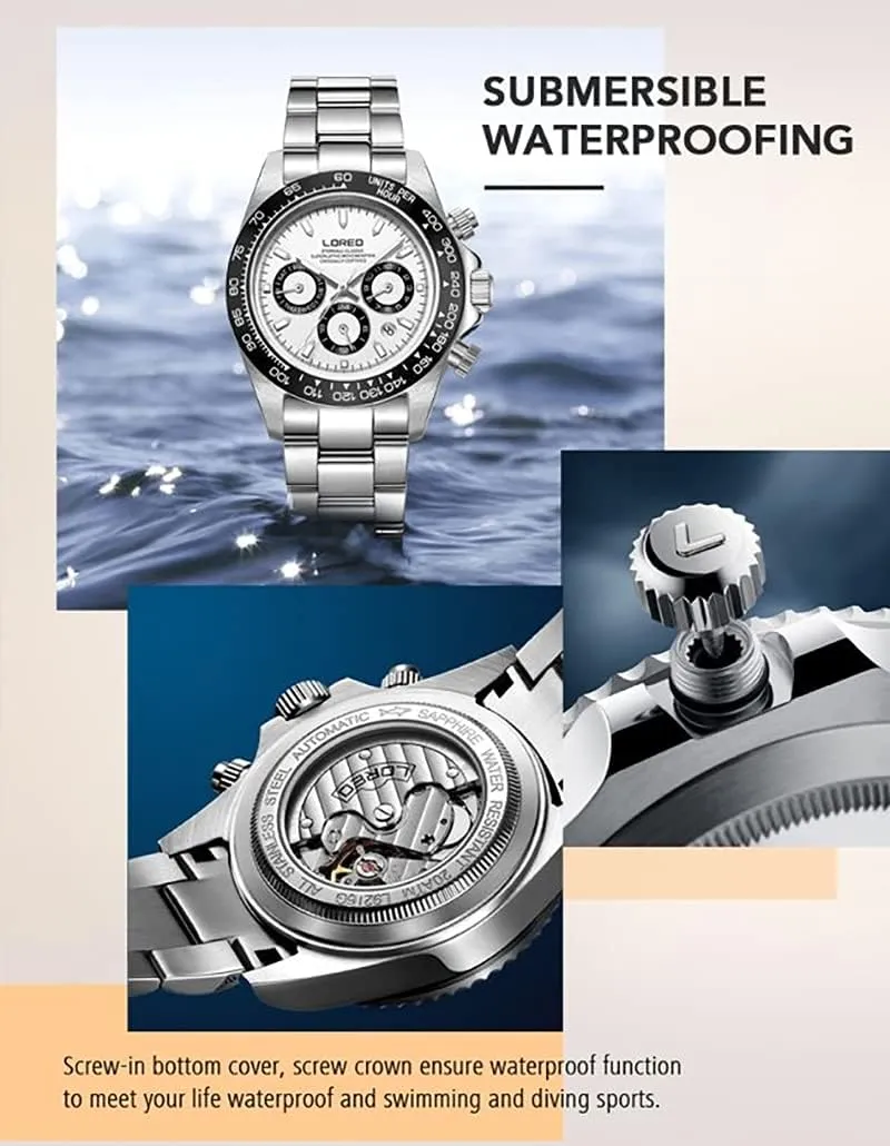 LOREO Mens Automatic Watch Silver Stainless Steel Sapphire Glass Ceramic Bezel Date Military Diving Waterproof Watch