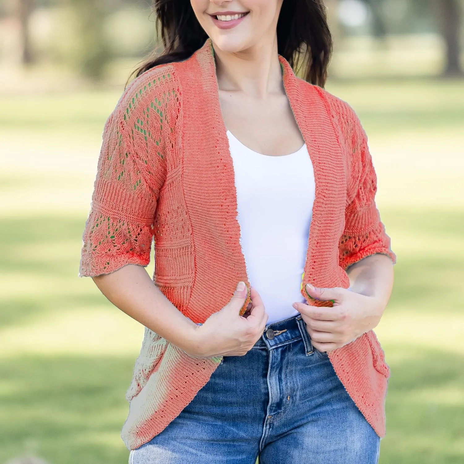 Loxdonz Women's Short Sleeve Crochet Knitted Bolero Shrug Cardigan Cropped Sweater