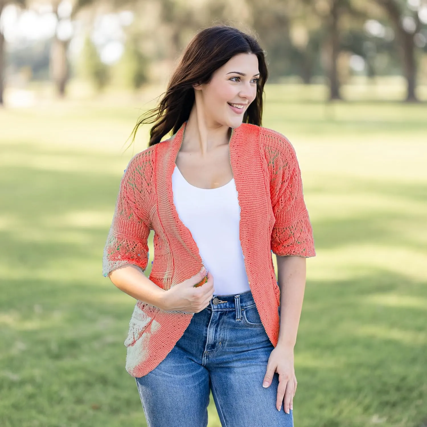Loxdonz Women's Short Sleeve Crochet Knitted Bolero Shrug Cardigan Cropped Sweater