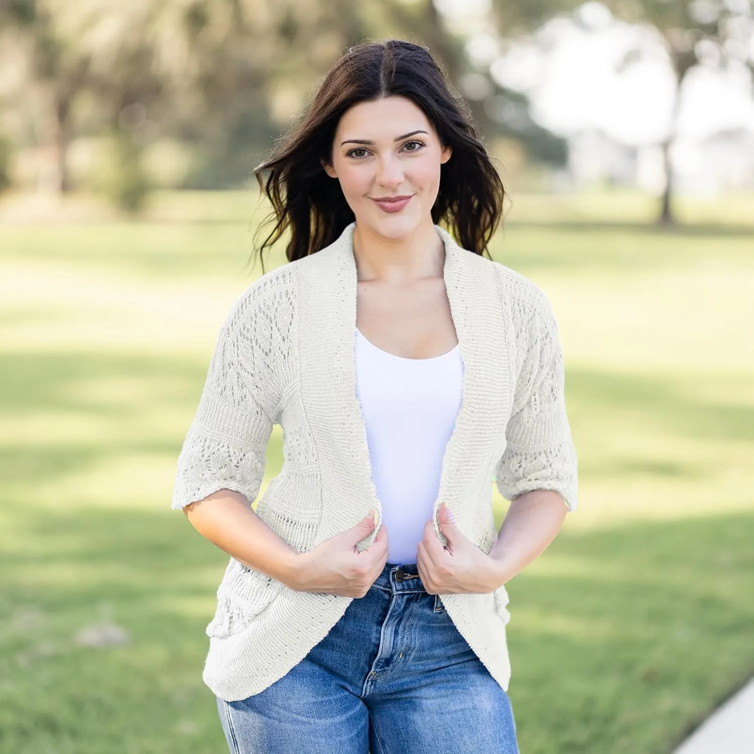 Loxdonz Women's Short Sleeve Crochet Knitted Bolero Shrug Cardigan Cropped Sweater