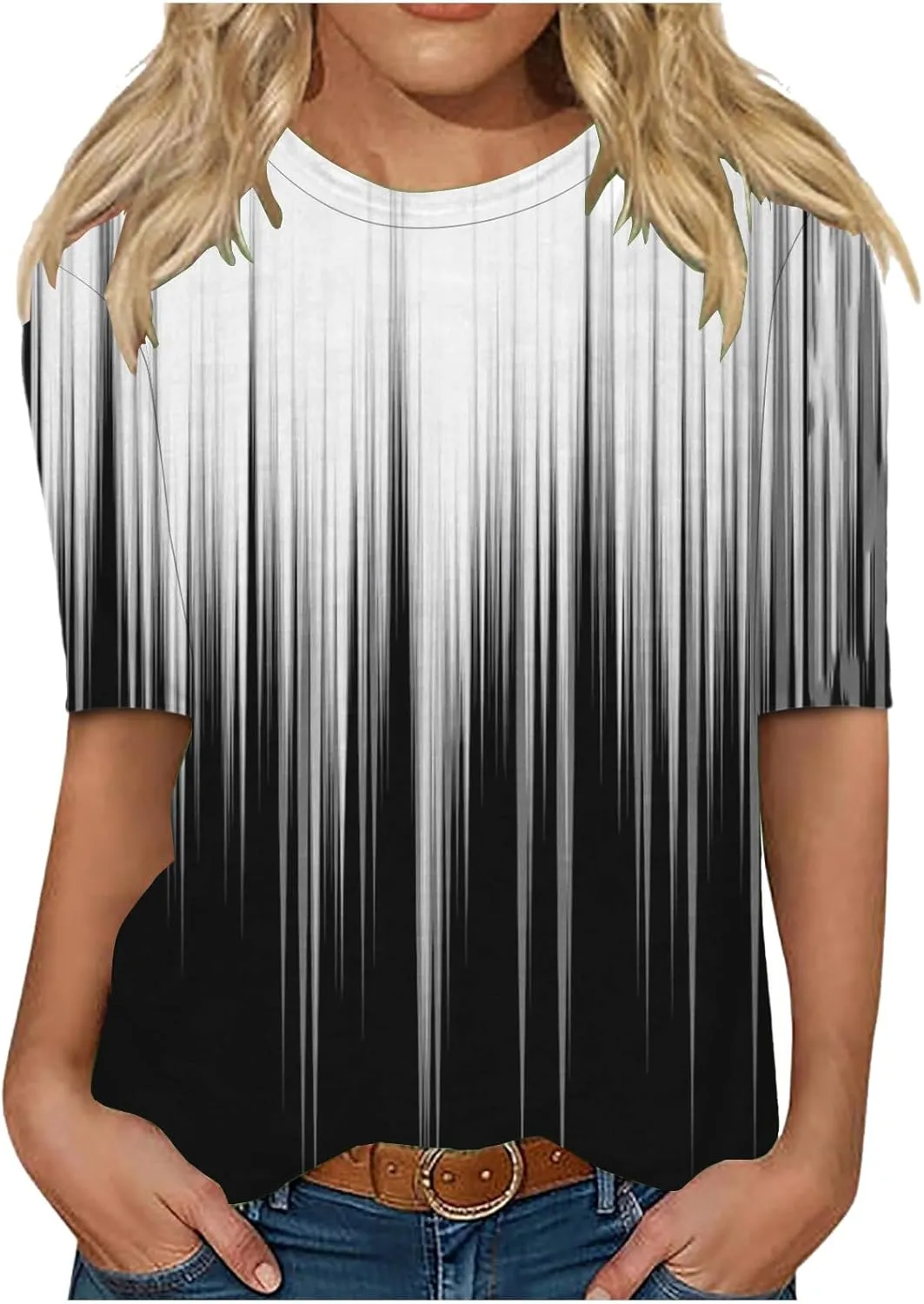 LRMQS Womens Elbow Length Sleeve Tops 2025 Spring Summer Floral Print Crew Neck T-Shirts Blouses Trendy Boho Clothes