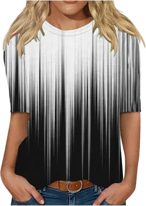 LRMQS Womens Elbow Length Sleeve Tops 2025 Spring Summer Floral Print Crew Neck T-Shirts Blouses Trendy Boho Clothes