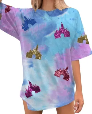Magic Kingdom Shirts for Women Sequin Top Colorful Castle Graphic Tshirt Holiday Vacation Shirt Funny Cute Tee Tops