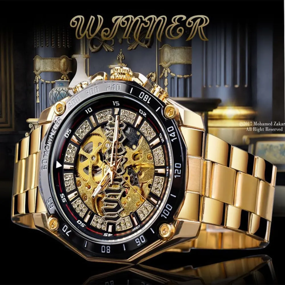 Men Steampunk Fashion Golden Watches Open Work Transparent Skeleton Automatic Watch Luxury Luminous Mechanical Wristwatch