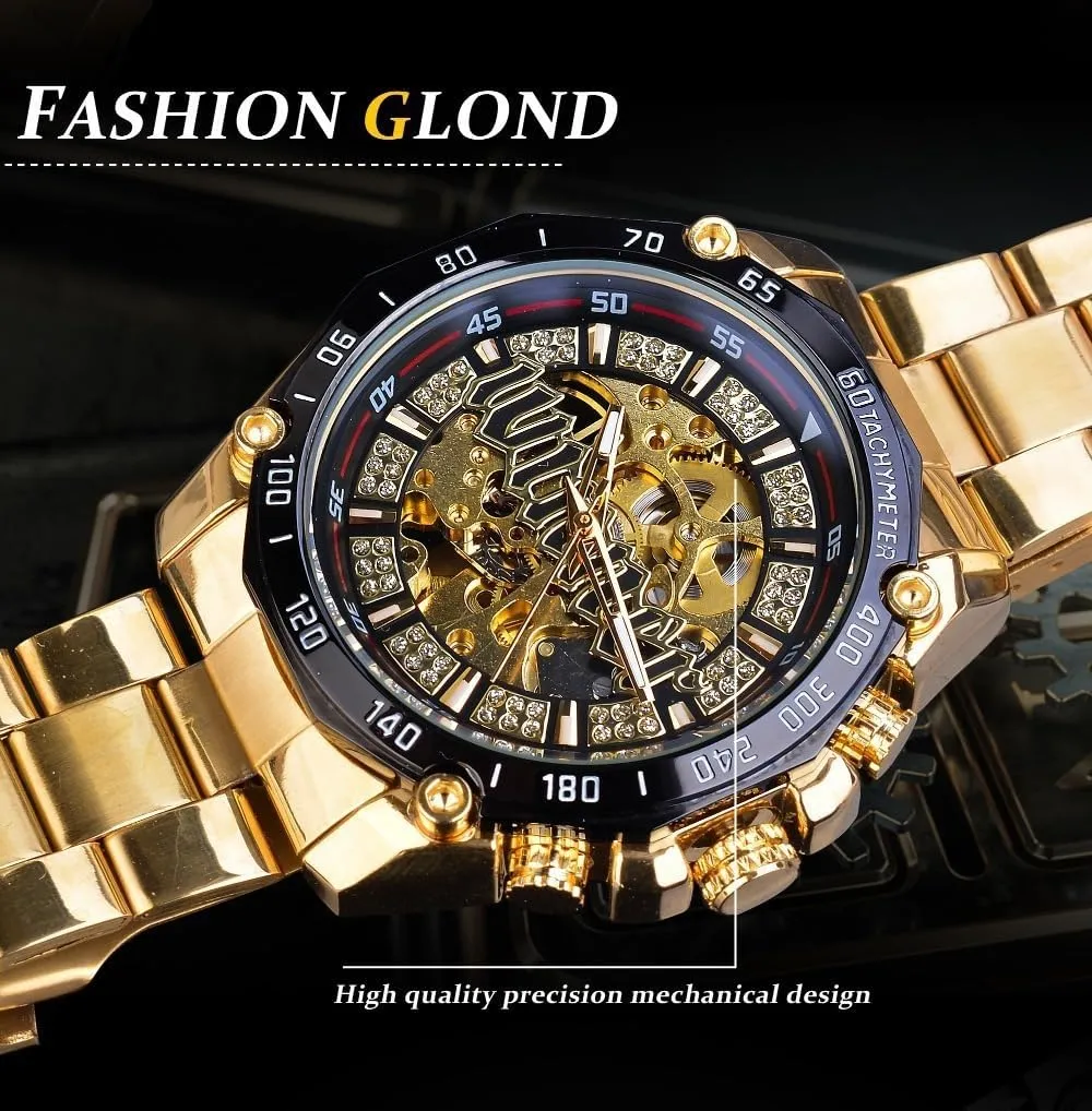 Men Steampunk Fashion Golden Watches Open Work Transparent Skeleton Automatic Watch Luxury Luminous Mechanical Wristwatch