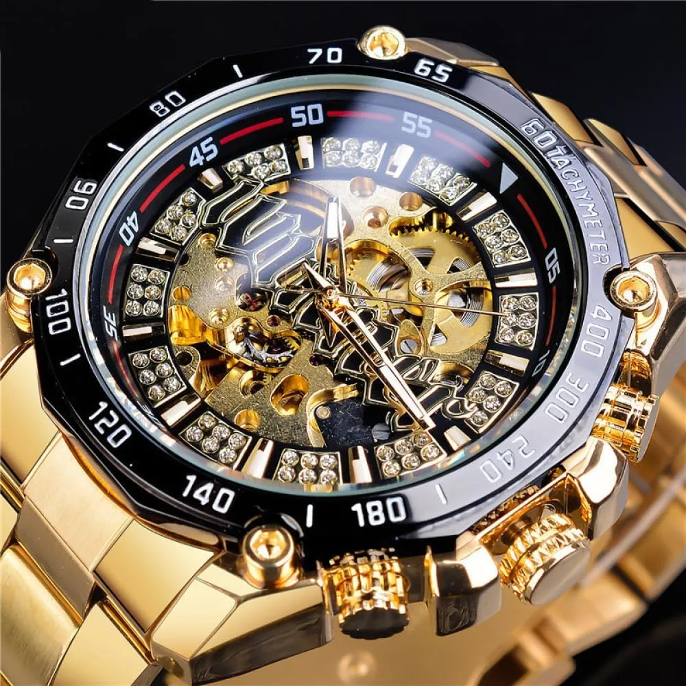 Men Steampunk Fashion Golden Watches Open Work Transparent Skeleton Automatic Watch Luxury Luminous Mechanical Wristwatch