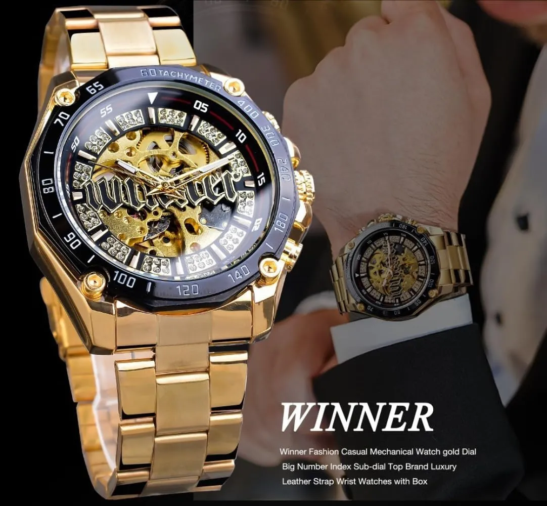 Men Steampunk Fashion Golden Watches Open Work Transparent Skeleton Automatic Watch Luxury Luminous Mechanical Wristwatch