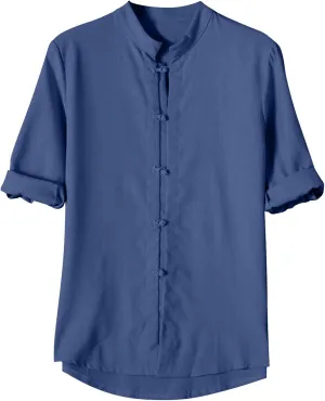 Mens 3/4 Length Sleeve Shirts Casual Button Up Summer Linen Shirt Loose Fit Solid Color Vacation Trendy Outfits