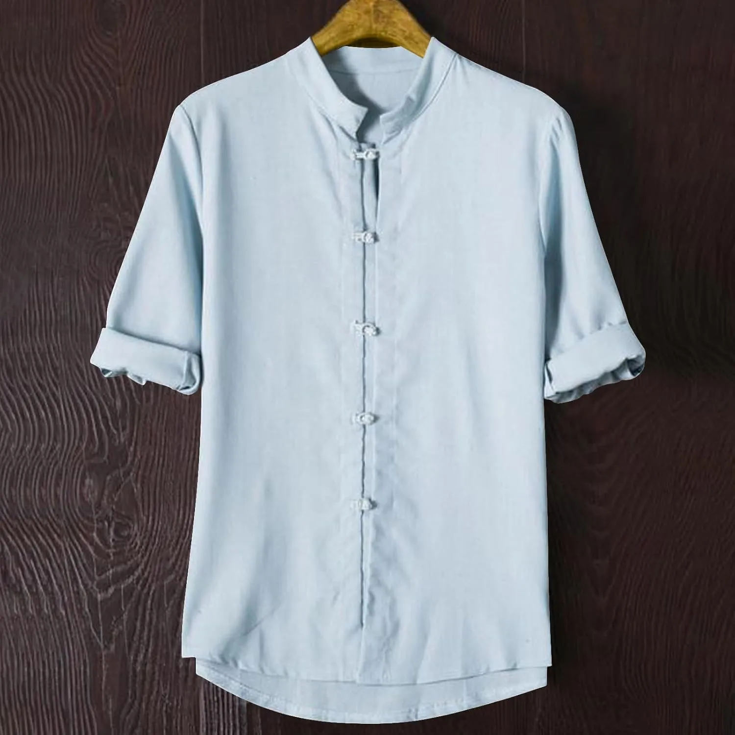 Mens 3/4 Length Sleeve Shirts Casual Button Up Summer Linen Shirt Loose Fit Solid Color Vacation Trendy Outfits