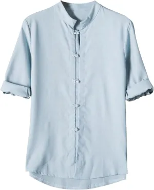 Mens 3/4 Length Sleeve Shirts Casual Button Up Summer Linen Shirt Loose Fit Solid Color Vacation Trendy Outfits