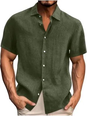 Men's Cotton Linen Button Down Shirts Short Sleeve Summer Beach Shirt Hawaiian Casual Shirt Blouse Business Tops
