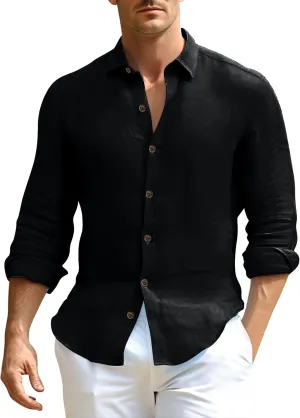 Men's Cotton Linen Dress Shirt Long Sleeve Button Down Summer Beach Shirt Lightweight Wrinkle Resistant Formal Office Top
