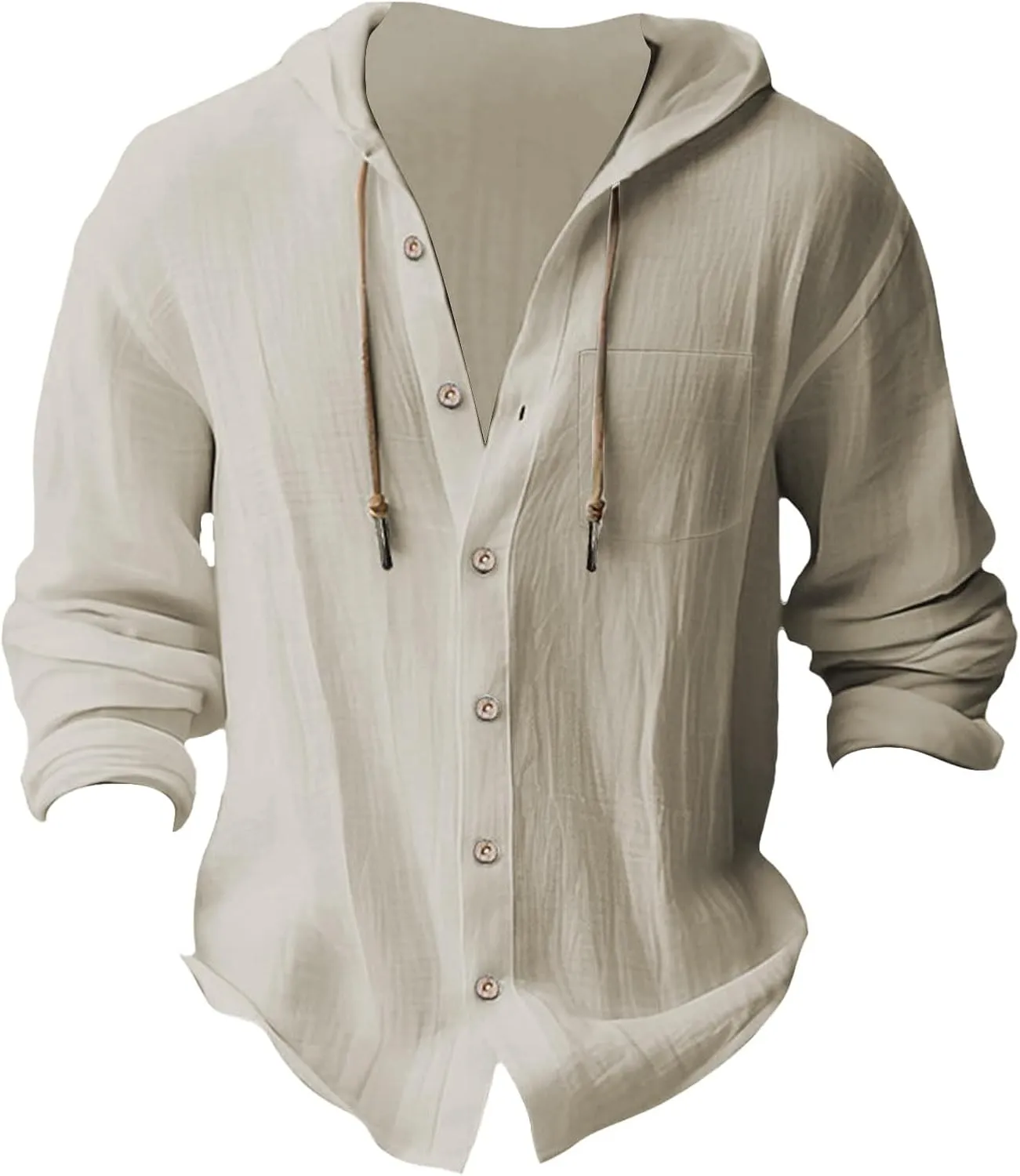Mens Cotton Linen Henley Shirts with Hood Casual V Neck Drawstring Long Sleeve Hooded Sweatshirt Summer Button Tops