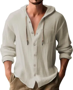 Mens Cotton Linen Henley Shirts with Hood Casual V Neck Drawstring Long Sleeve Hooded Sweatshirt Summer Button Tops