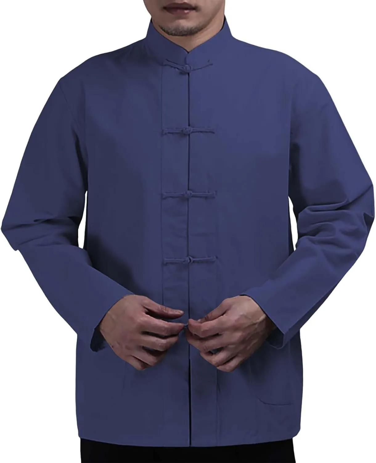 Men's Cotton Linen Kung Fu Shirts Long Sleeve Mandarin Collar Frog-Button Tang Suit Chinese Traditional Tops for Men