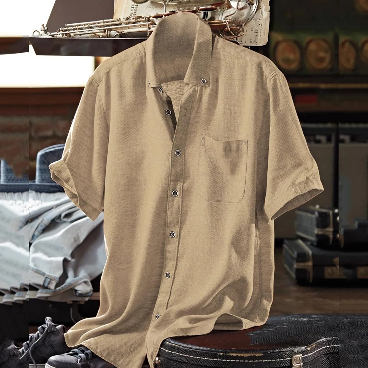 Men's Cotton Linen Shirt Short Sleeve Pocket Lapel Solid Color Top Button Down Casual Outings Beach Brunch Lounge Wear