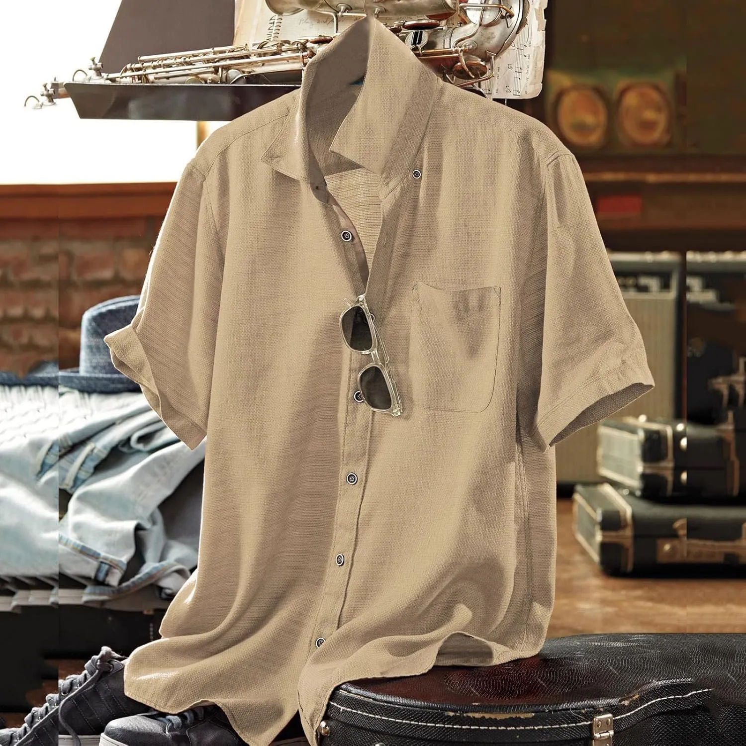 Men's Cotton Linen Shirt Short Sleeve Pocket Lapel Solid Color Top Button Down Casual Outings Beach Brunch Lounge Wear
