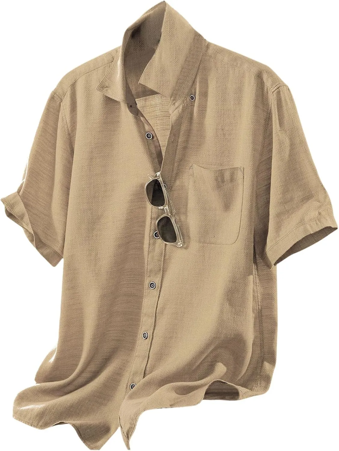 Men's Cotton Linen Shirt Short Sleeve Pocket Lapel Solid Color Top Button Down Casual Outings Beach Brunch Lounge Wear